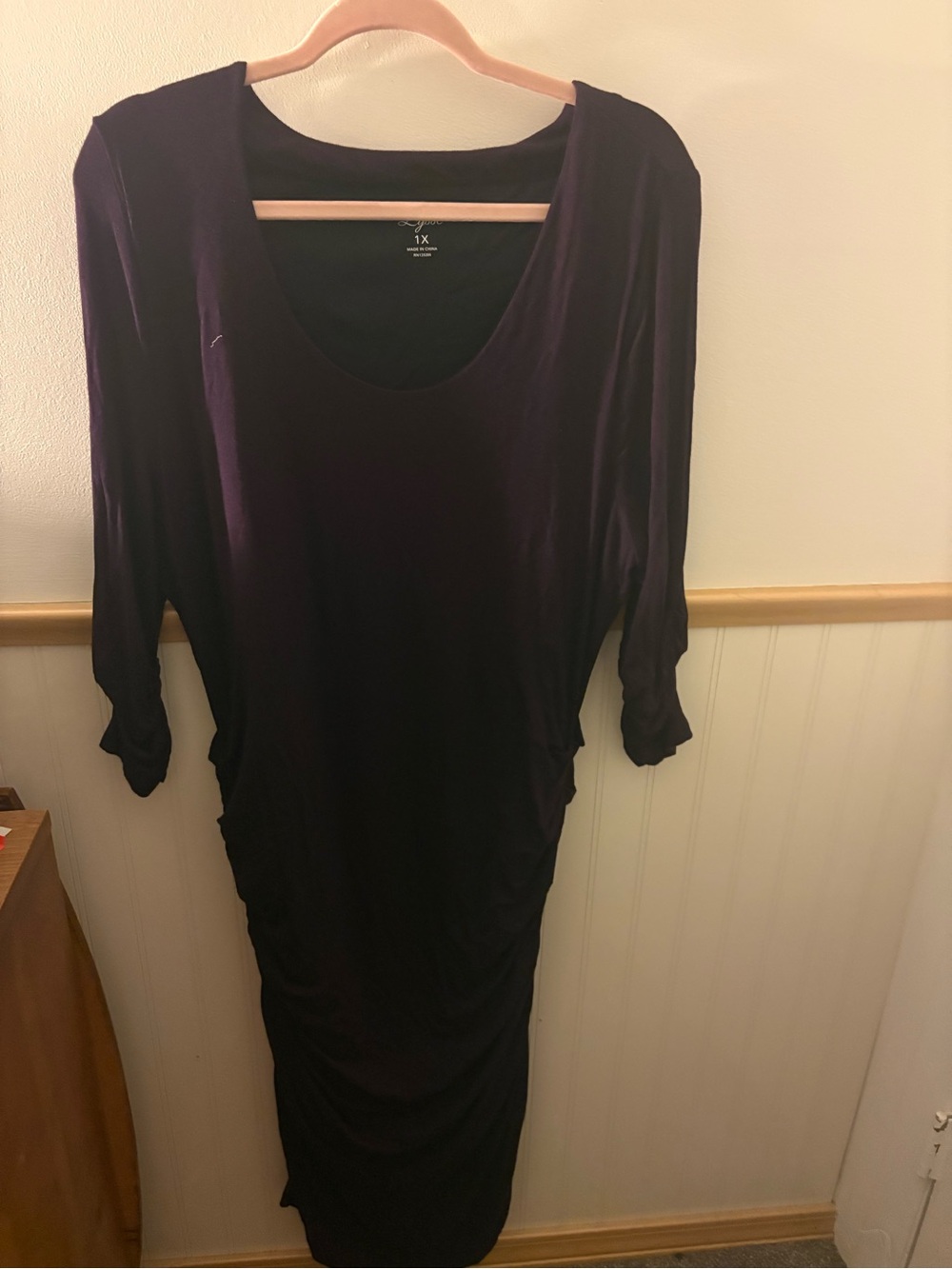 Lyssé Maria Women’s 1X Deep Plum Ruched Bodycon Midi Dress 3/4 Sleeve